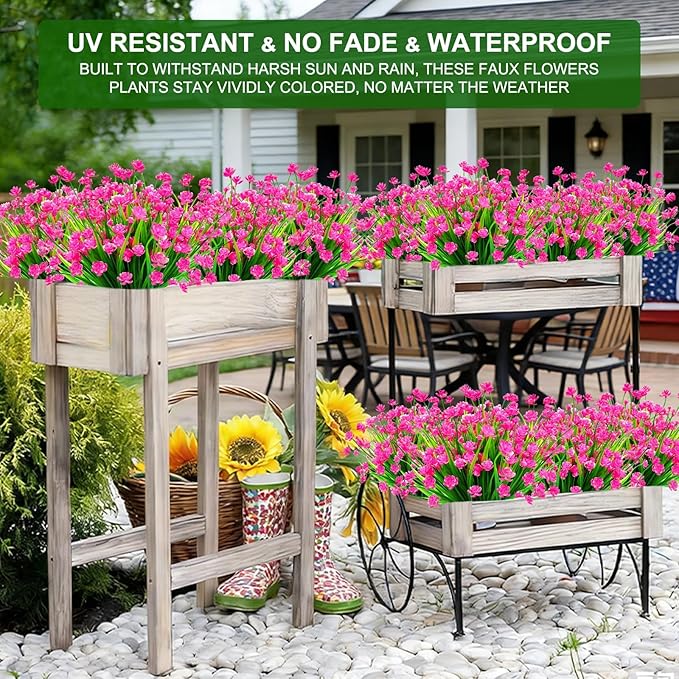 TURNMEON 20 Bundles Artificial Flowers for Outdoors, Spring Grass Camellia Fake Flowers Plastic Plants, UV Resistant No Fade Faux Greenery for Gardens Porch Yards Cemetery Summer Decor 500 Heads(Pink)