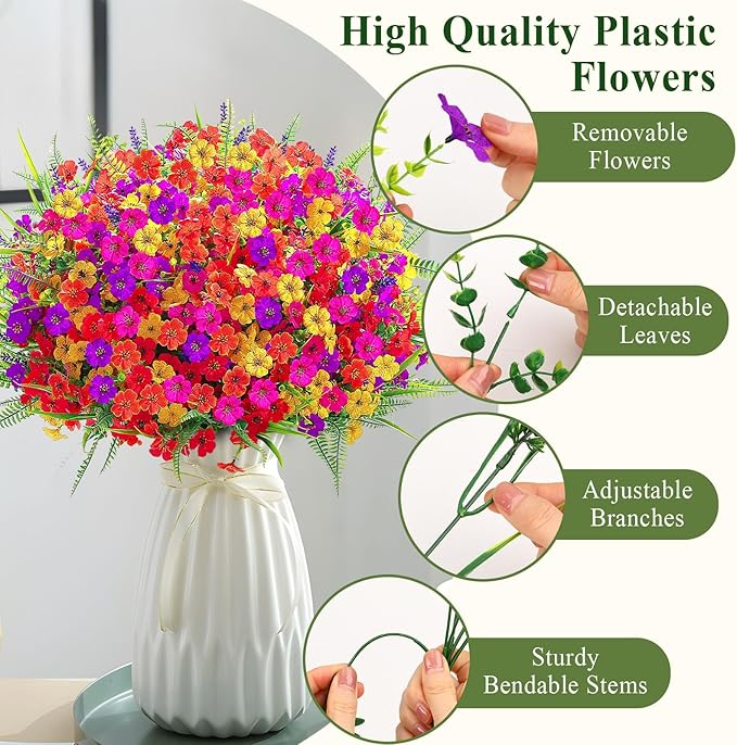 Alupssuc 24 Bundles Artificial Flowers for Outdoors Spring Decoration, UV Resistant Faux Eucalyptus Violet and Lavender Silk Fake Plants for Outside Indoor Decor, Red Rose Purple Yellow Orange