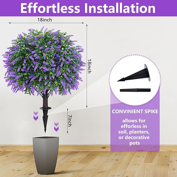 Artificial Lavender Topiary Ball Trees with Ground Spike, Set of 2 UV Resistant Artificial Shrubs, Fake Evergreen Artificial Plant Bush for Indoor Outdoor Front Porch Garden