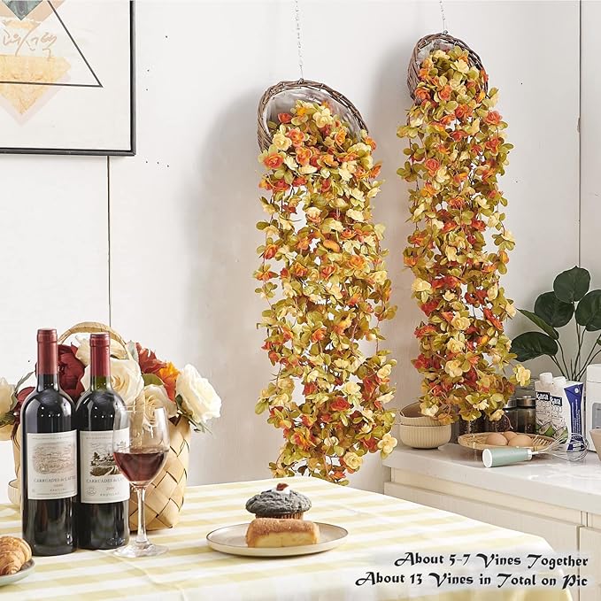 6 Pcs x 8.2 ft Flower Garland Artificial Rose Vine Flowers with Green Leaves Hanging Fake Roses Vine for Room Party Home Wedding Birthday Christmas Wall Arch Decor, Fall Champagne Flower