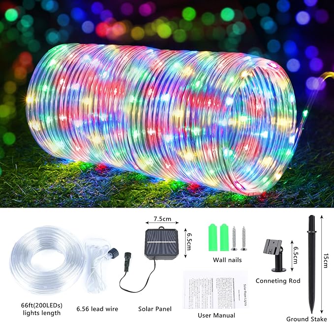 Solar Rope Lights, 2 Packs Total 132ft 400LED Solar String Lights, 8 Modes Waterproof Solar Powered Outdoor Light, Flexible Clear Tube Light for Garden Backyard Patio Deck Pool Tree Decor - Multicolor