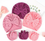 BQUBO Baby Turban Hats and Mittens Set Newborn Infant Hospital Hats Caps with Bows for Baby Boys Girls 0-12 Months