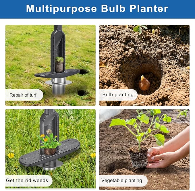 BeneLabel Grass Plugger Tool Lawn Plugger Tool Adjustable 3-6 Inch Digging Depth Long Handle Bulb Planter Tool Heavy Duty Sod Plug Cutter for Turf Repair, Bulb Planting, Seedling Transplant