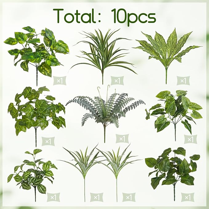 Pertivery 10 Bundles Artificial Plants, UV Resistant Outside Faux Plants Bushes, Large Fake Realistic Plastic Leaves and Stems, for Outdoor Garden, Patio, Yard,Porch Decor (Green)