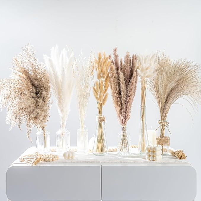 130PCS Natural Dried Pampas Grass Boho Home Decor Bouquet Phragmites Dried Flowers Bouquet for Wedding Floral Arrangements Living Room Decorations (130PCS)