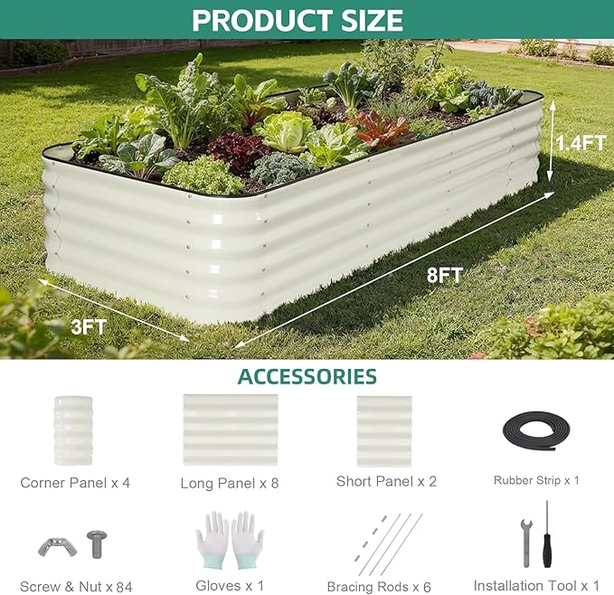 5 in 1Galvanized Raised Garden Bed - 8x3x1.4ft Modular Garden Planter Bed Outdoor | Steel Raised Bed Kit with Bracing Rods, Gloves for Gardening Vegetables Fruits and Flowers - White