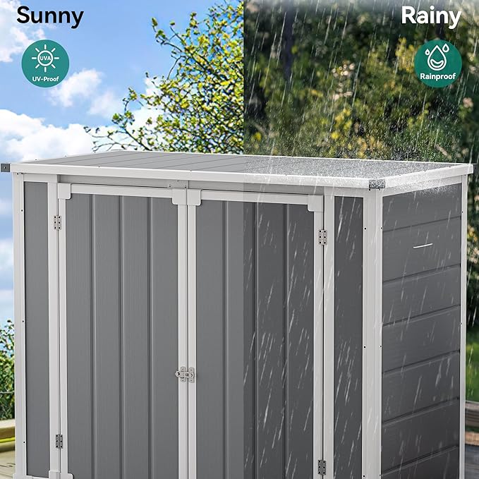 DWVO 41 Cu.ft Horizontal Resin Storage Shed, All Weather Outdoor Garden Shed 4.7x2.5 FT with Hydraulic Struts, 3 Locks, Lockable to Floor for Garden Tools, Trash Cans, Gray