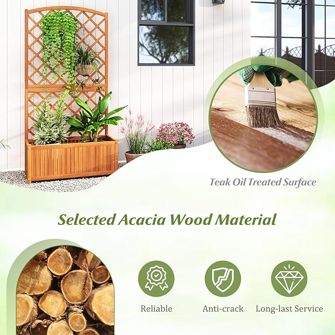 Giantex Solid Acacia Wood Planter Box with Trellis, 63" Set of 2 Raised Garden Bed with Trellis, Plant Box, Slat Base, Outdoor Privacy Planter for Vine Climbing Plants Flowers, Garden, Patio, Balcony