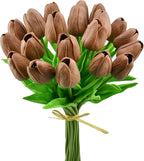 Mandy's Brown Artificial Tulips Flowers Centerpiece, 13.5" Lifelike PU Fake Floral Stems 20pcs for Kitchen Island & Dining Table, Spring Decor for Easter