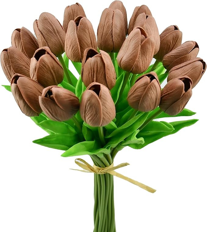 Mandy's Brown Artificial Tulips Flowers Centerpiece, 13.5" Lifelike PU Fake Floral Stems 20pcs for Kitchen Island & Dining Table, Spring Decor for Easter