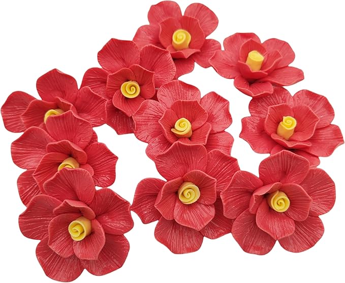 10 PCS 3D Flower Ceramic Tiles,1.6" Handmade Procelain Ceramic Flowers for Artwork,Fish Tank,Vases,Living Room, Dining Table,Office, Home Floral Decor (Double-Flowered Red)