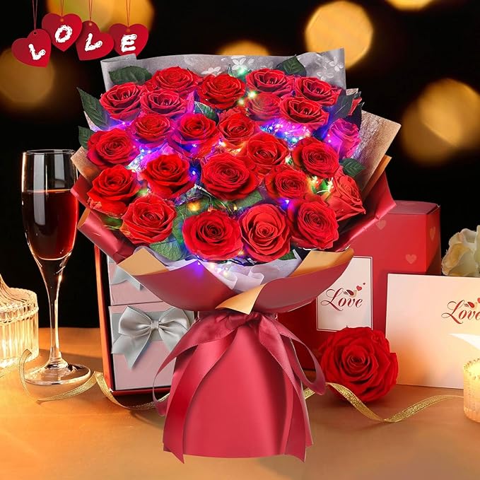 ADDWel 24 Preserved Red Roses Bouquet - Real Roses That Last 3+ Years, Romantic Anniversary & Birthday Gifts for Women, Wife, Girlfriend - Two Dozen Infinity Flowers for Delivery