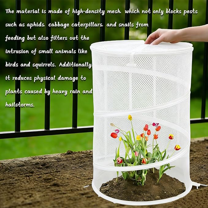 2 Pcs Pop Up Mesh Plant Protectors, 21 x 13 Foldable Garden Cover, Specifically Designed for Outdoor Vegetables, Seedlings & Flowers, Animal Barrier Cloches with Stakes (White)