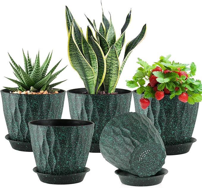 Meowell 7 inch Plant Pots for Indoor Outdoor Plants, 5 Pack Thick Flower Pots with Drainage Holes and Saucers, 3D Modern Wave Texture Plastic Planter Nursery Pots, Black with Green Speckles