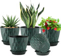 Meowell 7 inch Plant Pots for Indoor Outdoor Plants, 5 Pack Thick Flower Pots with Drainage Holes and Saucers, 3D Modern Wave Texture Plastic Planter Nursery Pots, Black with Green Speckles