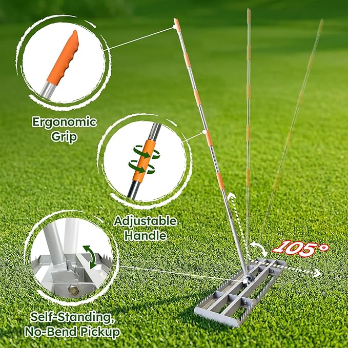 Lawn Leveling Rake 2.0, 2-in-1 Double-Sided Landscape Leveler with 20 Marking Flags for Low Spot, Heavy Duty Stainless Steel Flat & Serrated Side for Soil Sand Gravel, Yard Garden Golf Course 30"×10"