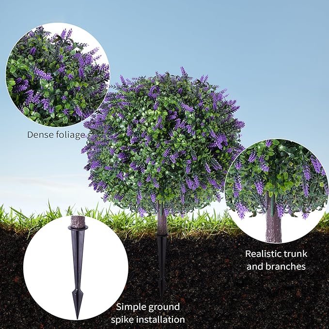 2 Pack Artificial Urn Filler, Artificial Lavender Topiary Shrubs, UV-Resistant Evergreen Plants, Indoor/Outdoor Decoration, Suitable for porches, courtyards, Gardens, and Flower beds