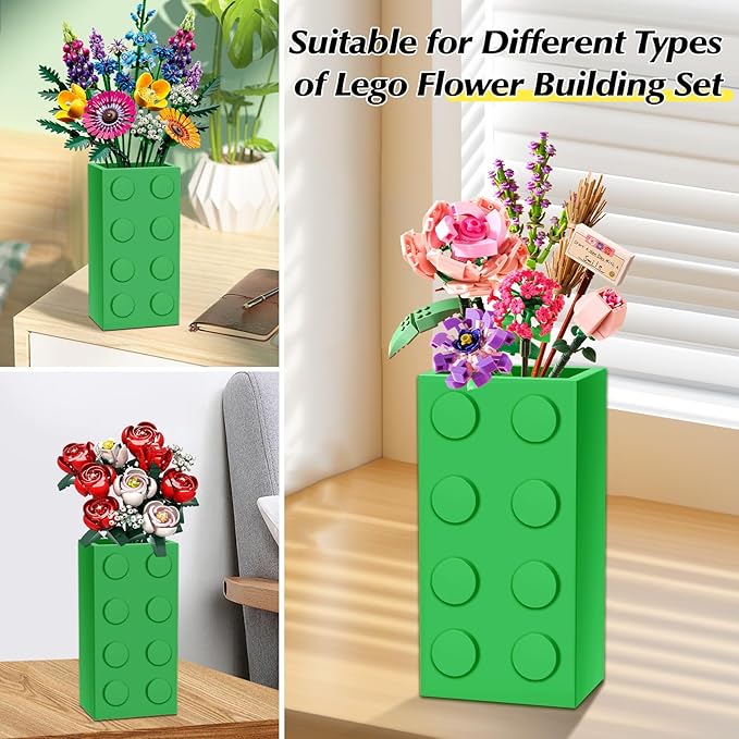 Vase for Lego 10347 10280 10328 Flowers, for Lego Flower Bouquet Building Set,Display Stand for LegoRoses Cherry Blossom Sunflower Tulips Daffodils Lotus-Gift for Lego Flowers Lover(vase only)-Green