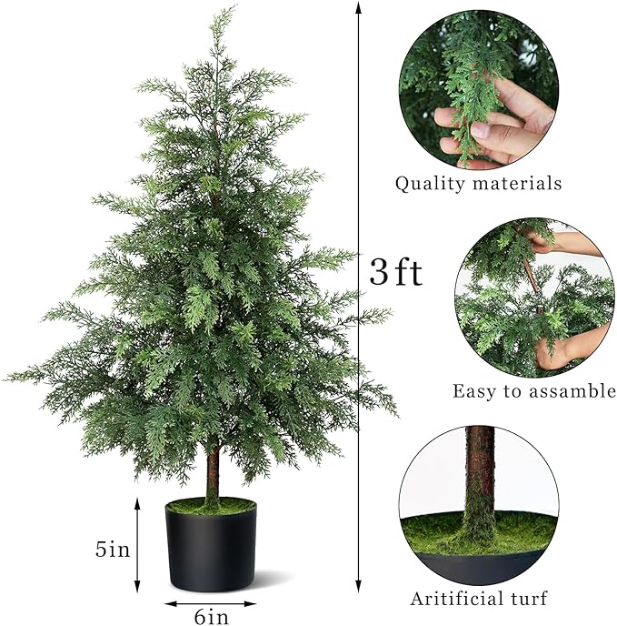 3FT Real Touch Cedar Topiary Trees for Front Porch Decor, Artificial Shrubs Faux Plants Potted UV Resistant Fake Greenery for Outdoor Indoor Door Garden Farmhouse Home Decoration (Set of 2)