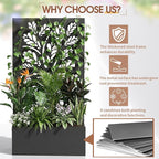 Outvita Metal Planter Box with Trellis, 43’’ x 24’’ x 9’’ Raised Garden Bed with Drainage Holes for Climbing Plants, Vegetables, Vines, Leaf Cut-Out Privacy Planters for Patio (Black)