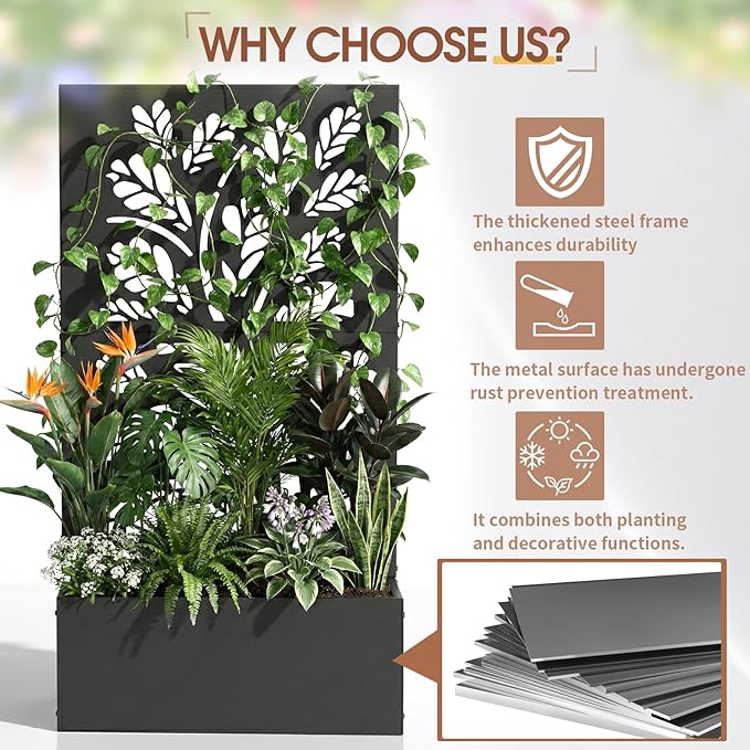 Outvita Metal Planter Box with Trellis, 43’’ x 24’’ x 9’’ Raised Garden Bed with Drainage Holes for Climbing Plants, Vegetables, Vines, Leaf Cut-Out Privacy Planters for Patio (Black)