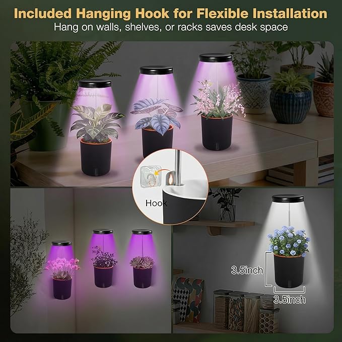 Self-Watering Planter with Grow Light — Cute Desk Plant Pot for Office, Bedroom & Window — No Green Thumb Needed, 2-in-1 Wall + Desktop, USB Powered (5W LED, White)