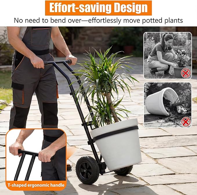 Heavy Duty Plant Caddy with Wheels, 175Lbs Adjustable Plant Dolly Cart with Grab Arm/Suction Cups/Strap, Dual Protection Potted Plant Mover Cart for Indoor Outdoor Garden Courtyard Office, Black