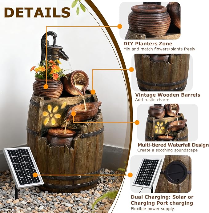 29" Tall Solar Water Fountain Outdoor Garden, 4-Tier Rustic Barrel Pump Solar Powered Water Fountain Cascading Waterfall with LED Lights for Patio, Backyard, Porch