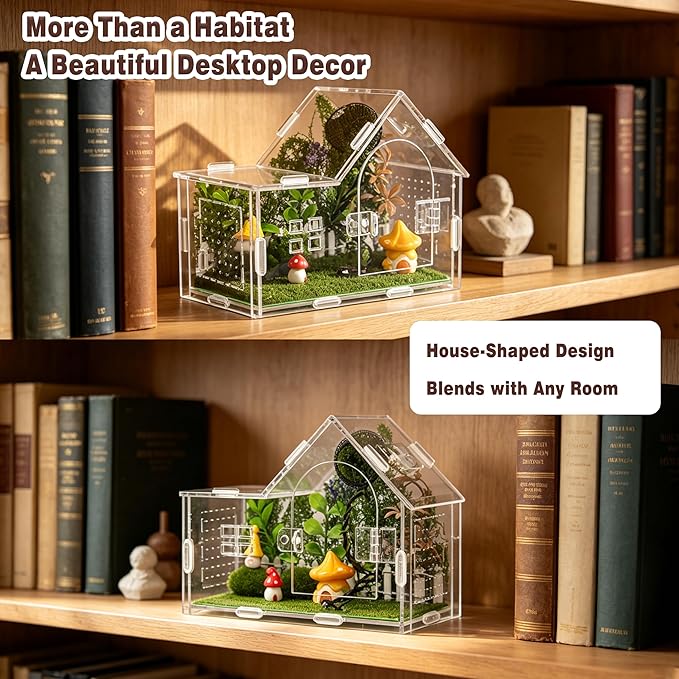 Jumping Spider Enclosure, Acrylic Cabin Terrarium with Sloped Roof & Magnetic Front Door, for Arboreal Pets, Mantis, Small Reptile Habitat (Green, L 7.9",W 3.9",H 5.9")