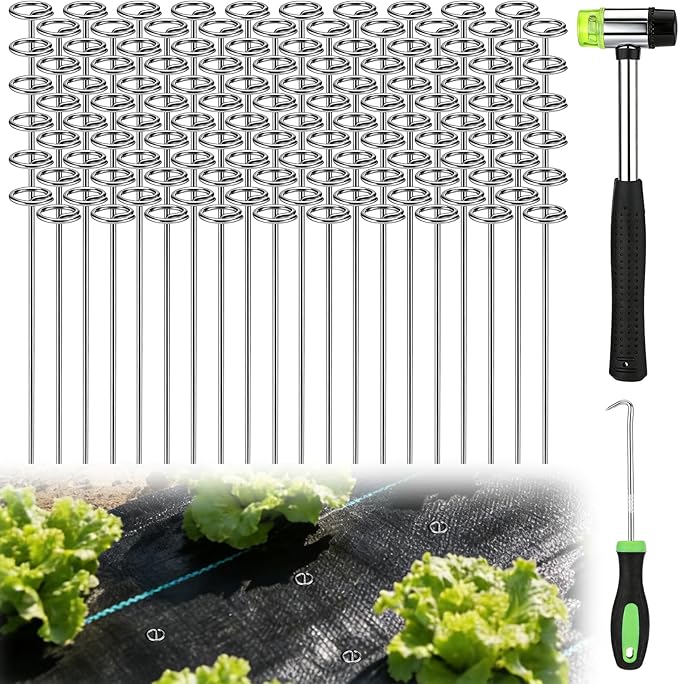 12 Inch Landscape Staples with Hook & Hammer - 120pcs Circle Top Weed Barrier Stakes Kit, 9 Gauge Galvanized Rust-Resistant Garden Fabric Pins, for SOD, Garden Edging, Install & Remove Tools Included