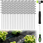 12 Inch Landscape Staples with Hook & Hammer - 120pcs Circle Top Weed Barrier Stakes Kit, 9 Gauge Galvanized Rust-Resistant Garden Fabric Pins, for SOD, Garden Edging, Install & Remove Tools Included