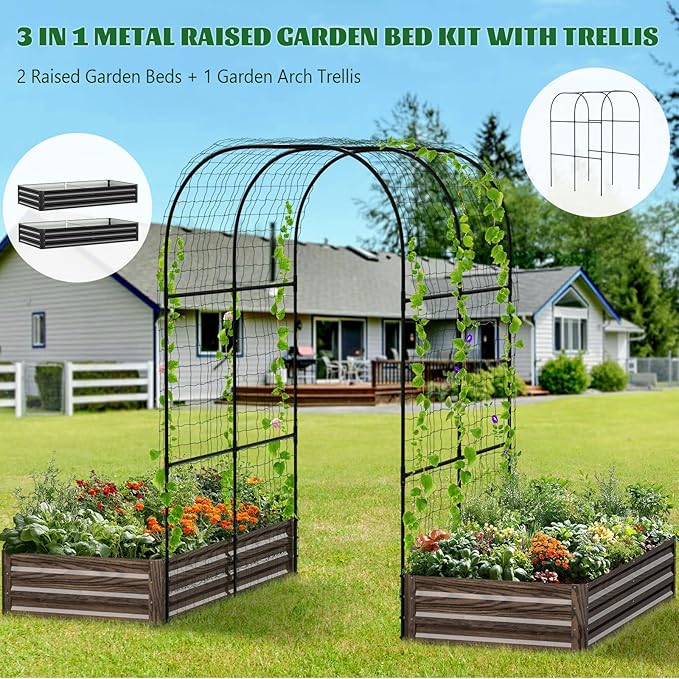 3 in 1 Galvanized Raised Garden Bed with 87" H Arch Trellis for Climbing Plants, Outdoor Gardening Planter Box with Climbing Net for Flower Vegetables Fruits Herbs, Wood Grain