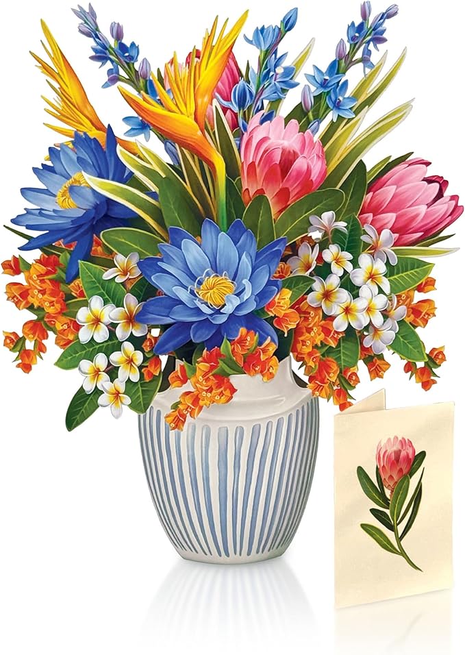 Freshcut Paper Tropical Paradise Pop Up Cards, 12 Inch Life Sized Forever Flower Bouquet 3D Popup Greeting Card, Birthday Cards, Anniversary Card, Blank Notecard & Envelope