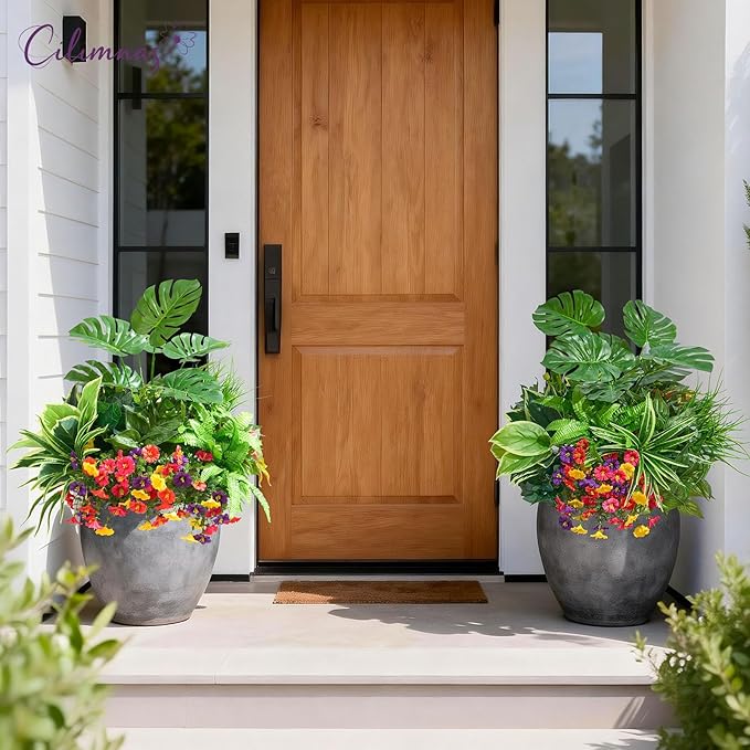Artificial Plants Outdoor,18PCS UV Resistant Fake Greenery&Flowers with Stems Faux Plant Outside for Front Proch Garden Patio Planters Window Boxes Home Decor(Not Included Planter)