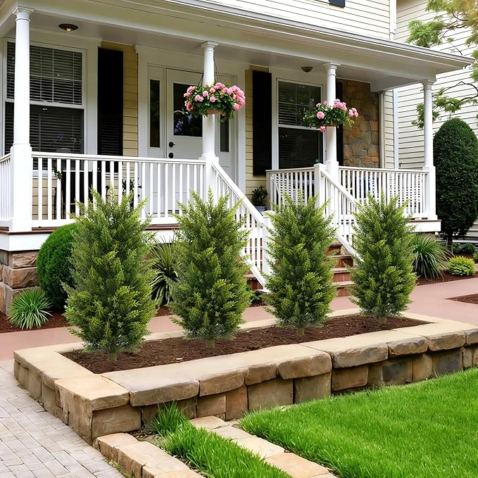 Set of 2 3FT Artificial Cedar Topiary Trees with Thickened Ground Spike, UV Resistant Faux Evergreen Bushes Fake Cypress Shrubs for Indoor Outdoor Front Porch Garden Decor