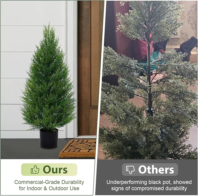 2Pack 3FT Artificial Cedar Trees in Pots, UV Resistant Faux Evergreen Plants for Indoor Outdoor Decoration, Modern Porch & Entryway Greenery