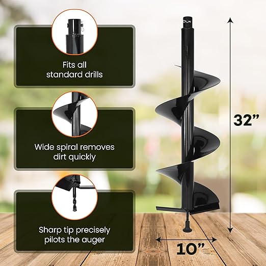Auger Post Hole Digger 10" Wide 32" Deep - Earth Auger - Trench Digger - Hole Digger Tool for Fence Posts - Electric Post Hole Digger Handles
