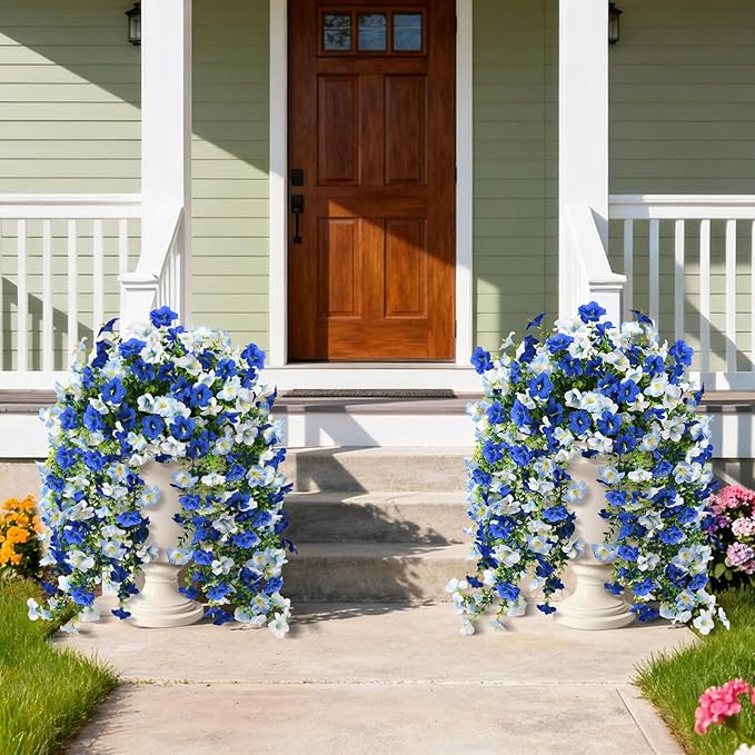 Artificial Fake Flowers Plants for Outdoor Spring Summer Decoration,2 PCS Faux Silk Morning Glory with Eucalyptus Leaves,UV Resistant Realistic Outdoor Flowers for Balcony Porch Patio Yard Garden