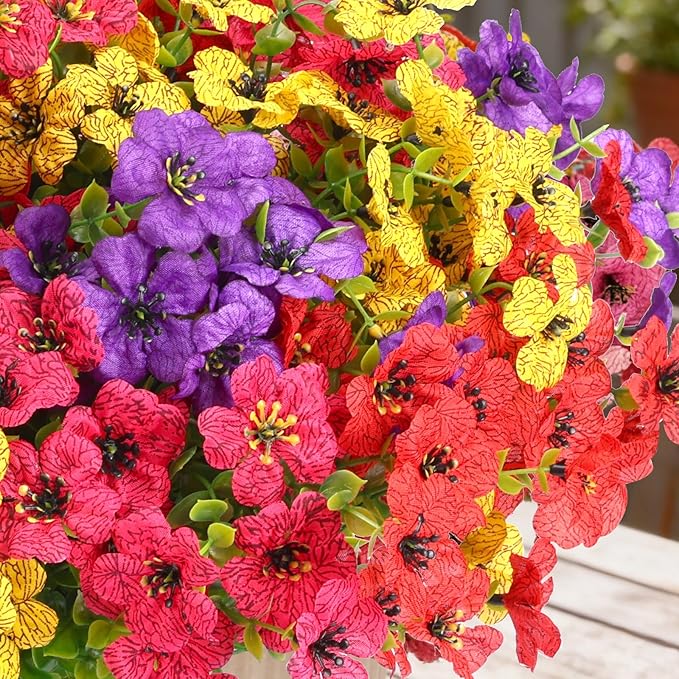 CEWOR 12 Bundles Artificial Flowers for Outdoor Indoor, Fake Silk Daisy with Eucalyptus Leaves, Faux Flower for Garden Front Door Porch Planter Patio Home Decor (Mix Red Purple Yellow Fuchsia)