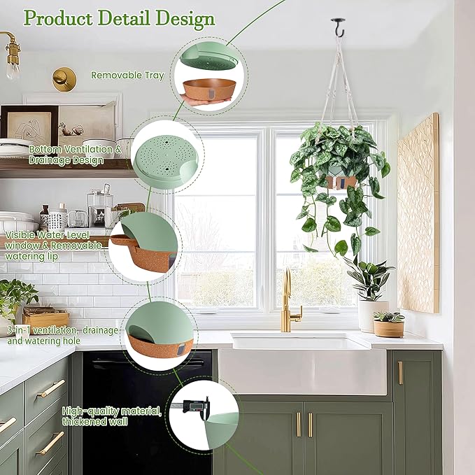 10 Inch Hanging Planters for Indoor Plants, 2 Pack Self Watering Hanging Baskets Flower Pots with Drainage Hole, Visual Reservoir & 2 Kinds of Plant Hanger for Home Decor(Green)
