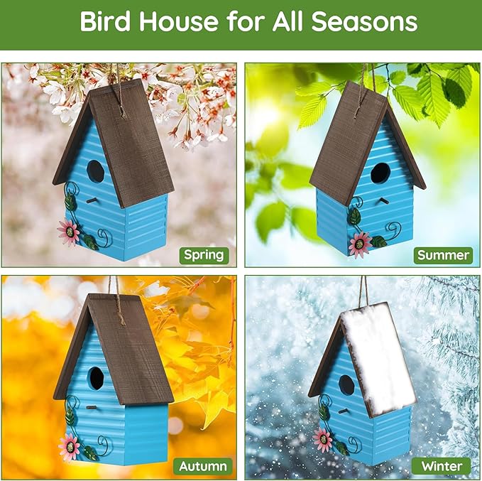 Bird Houses for Outside,Blue Bird Houses for Outdoors,Hanging Birdhouses for Outdoor,Wooden Bluebird Houses for Outside,Country Style Hummingbird Nest Box,Yard Decorative Gift for Bird Lovers