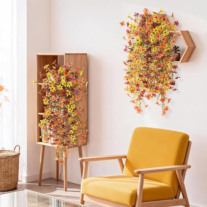 Artificial Fake Hanging Flowers Plants for Outdoor Fall Decoration,2PCS Faux Silk Daisy with Eucalyptus Leaves,UV Resistant Look Real for Outside Home Indoor Planter Porch Patio Yard Autumn Decor
