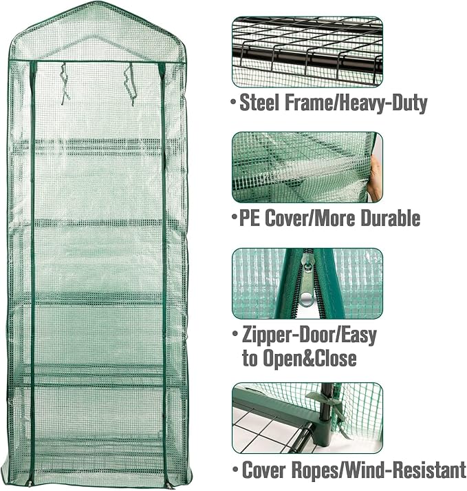 Worth Garden 5 Tier Mini Greenhouse - 75'' H x 27'' L x 19'' W - Sturdy Portable Gardening Shelves with Durable PE Cover w/ Roll-Up Zipper Door- Small Green House Indoor & Outdoor for Plants Flowers