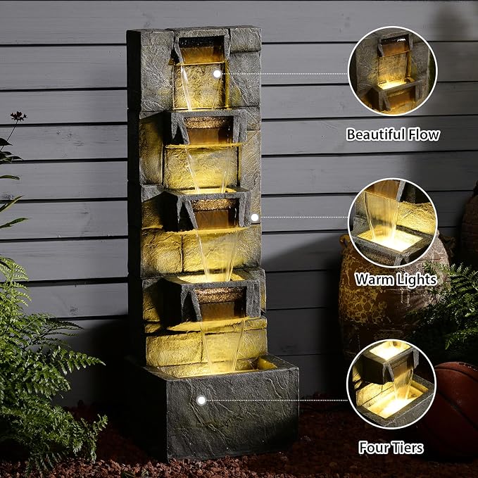 Outdoor Waterfall Fountain with LED Lights, 41” Tall Stone-Look Cascading Water Feature for Home Décor, Realistic Flowing Water Sound for Relaxation, Freestanding Indoor/Outdoor Fountain