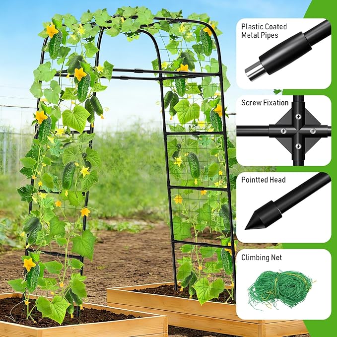 7ft Garden Arch Trellis for Climbing Plants Outdoor-Heavy Duty Metal Cucumber Trellis for Raised Beds- Tall Steel Vegetable Arbor for Climbing Vine Fruit Flower Yard Lawn Arch Tunnel Trellis