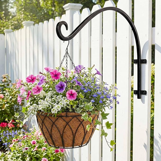 Lifyzoon Heavy Duty Hanging Plant Bracket: 50lbs Weight Capacity - Black Metal Plant Hangers for Outside, 16 Inch Outdoor Wall Hooks for Large Bird Feeder, Lanterns, Wind Chimes, Flower Baskets