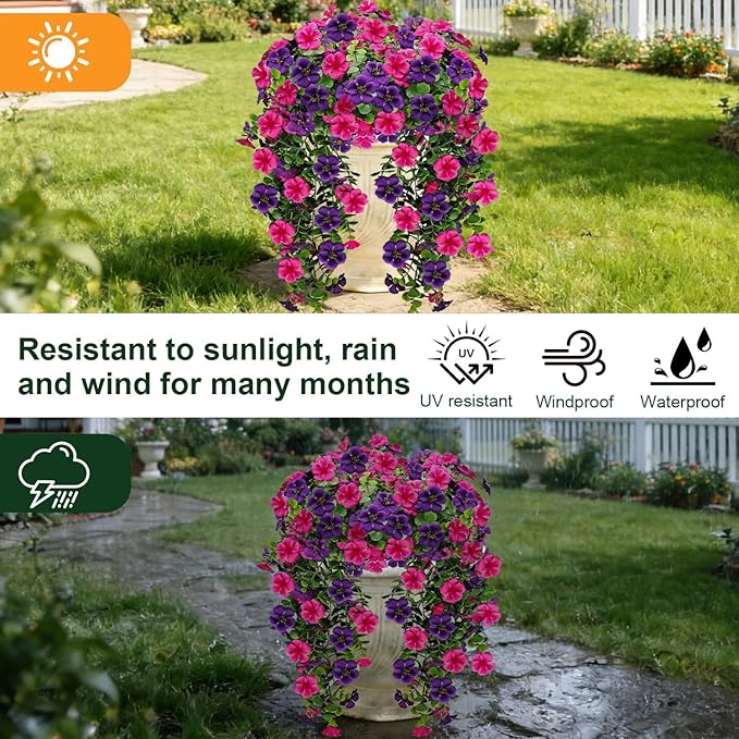 Artificial Geranium Hanging Flowers for Outdoor Decoration, 2 Bundles UV Resistant Silk Geranium Fake Plants Faux Flowers for Front Porch Garden Patio Window Box Decor (Purple, Purple red)
