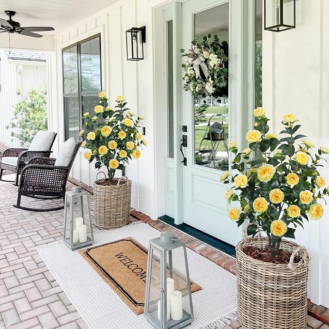 3.6FT Artificial Camellia Fake Tree, Artificial Plants & Flowers with 32 Yellow Flowers for Door Front Decoration Porch Patio Living Room Office Indoor Outdoor Decor (2PCS Contains Faux Moss)