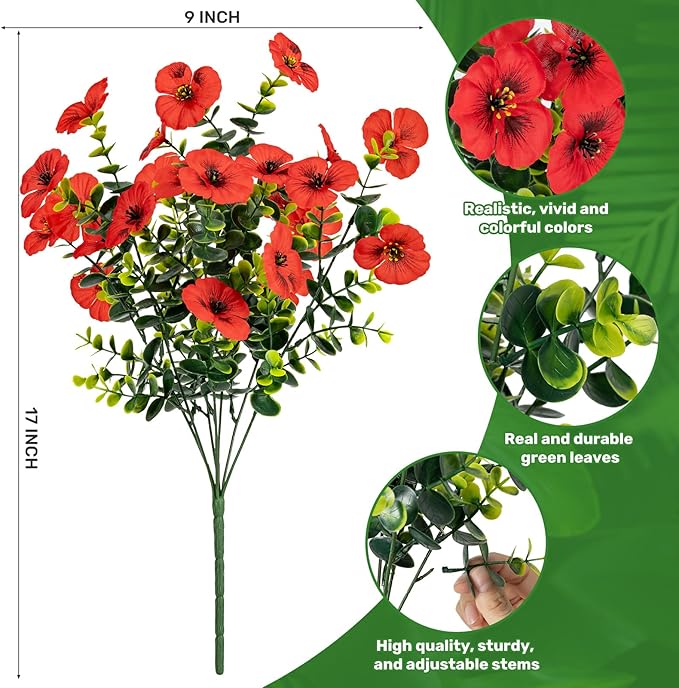 17 Inch Artificial Faux Pansy Flowers for Outdoor,Fake Pansies Flowers with Eucalyptus Leaves Fake Plants Greenery Boxwood Porch Patio Decor 6 Bundles(Red,Rose Red,Dark Purple)