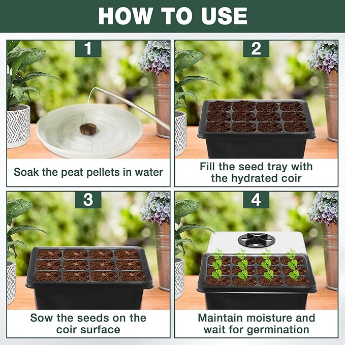 ZeeDix 10 Set Seed Starter Tray Kits, 10 Pack Seed Trays with 150 Pack Coco Coir Pellets, Adjustable Humidity Germination Tray with Dome Lids for Indoor Plants, Mini Greenhouse for Vegetables Garden